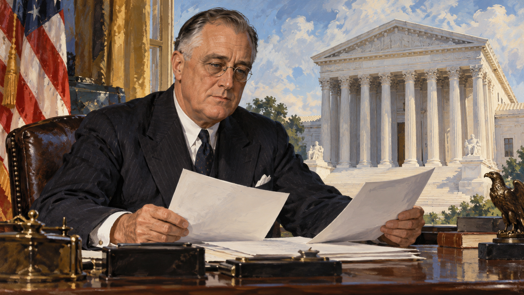 Editorial illustration of Franklin D. Roosevelt reviewing papers with a symbolic Supreme Court backdrop
