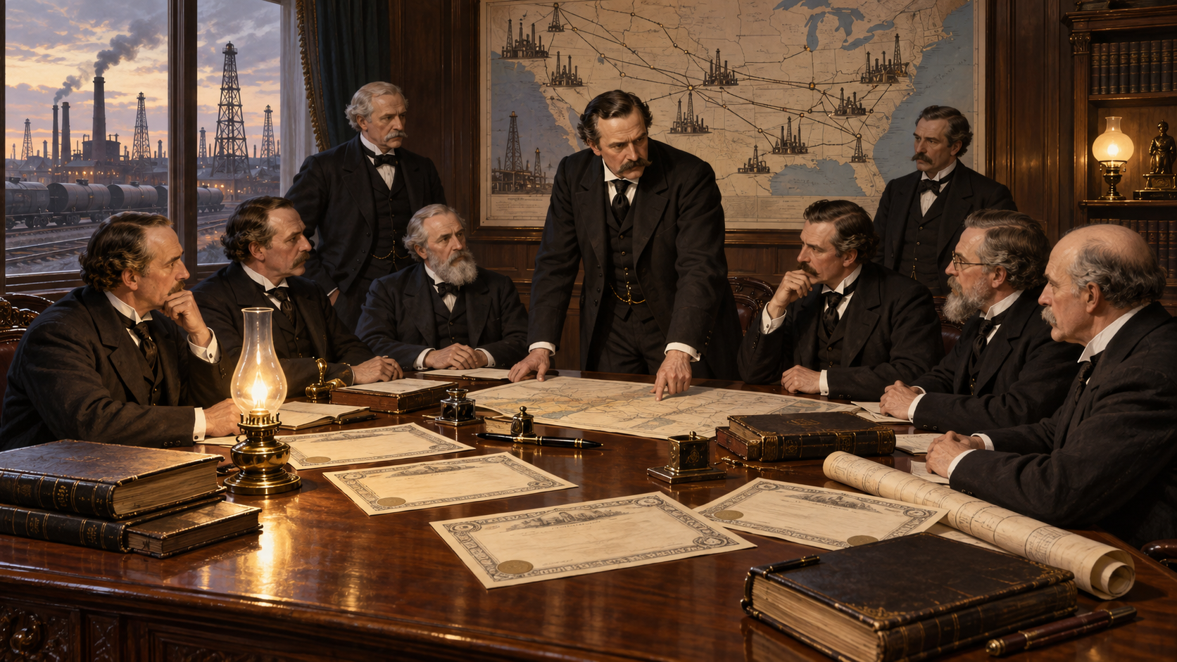Editorial illustration of the Standard Oil Trust agreement consolidating petroleum companies in 1882