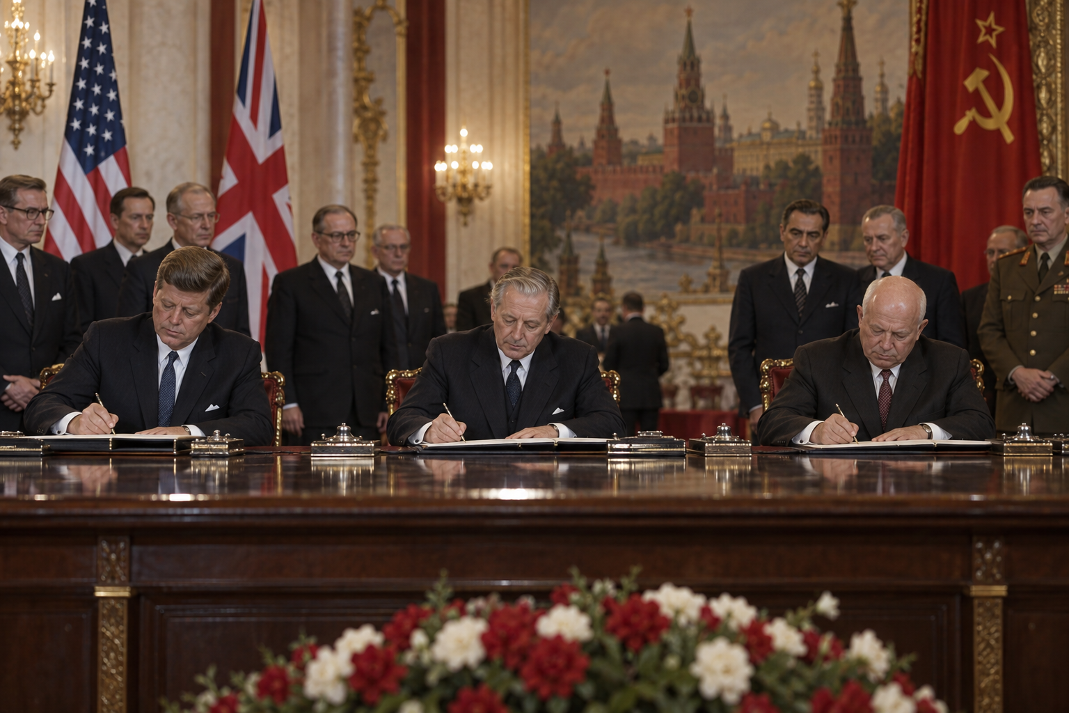 Editorial historical illustration of the signing of the Limited Nuclear Test Ban Treaty on August 5, 1963