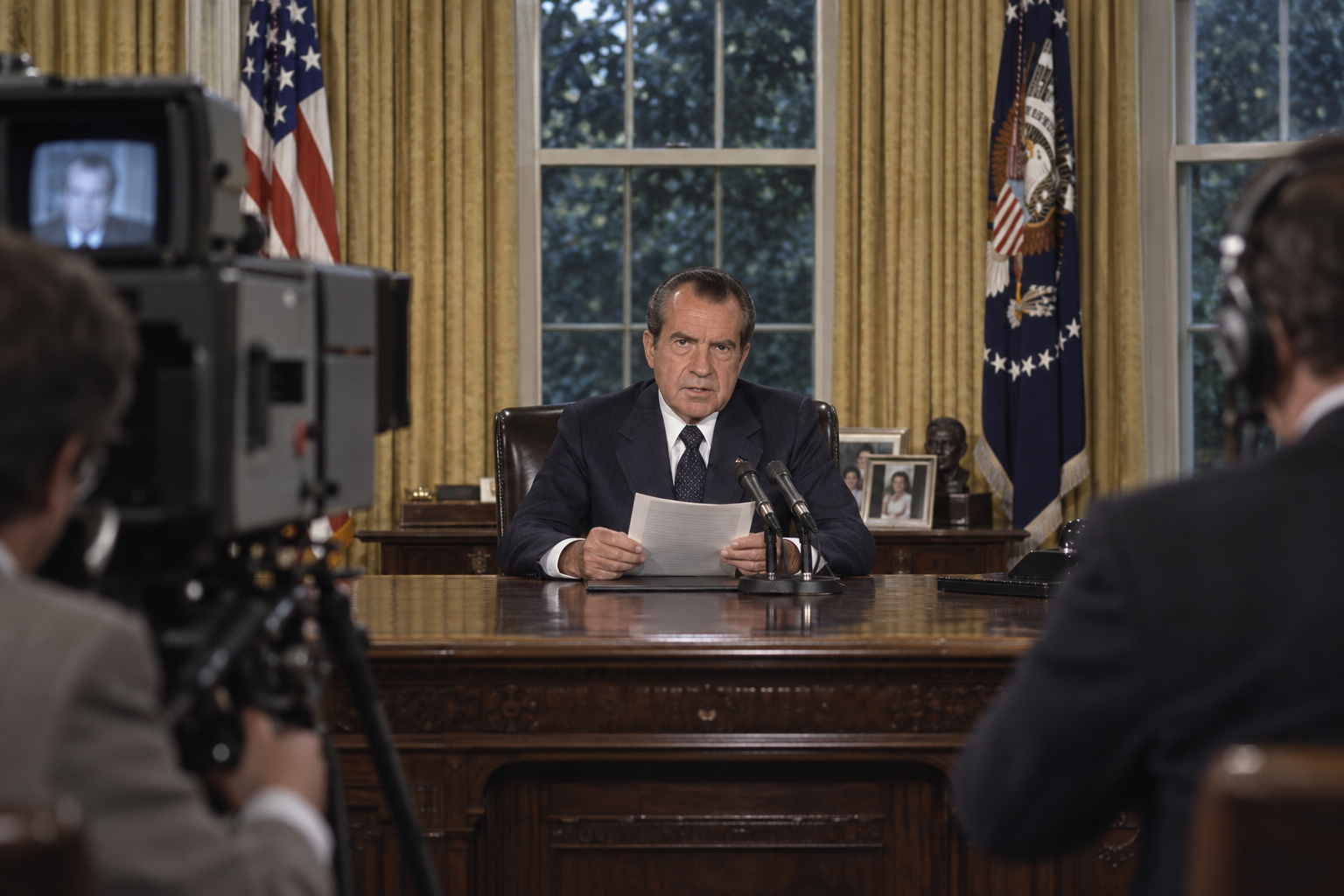 Editorial historical illustration of President Richard Nixon's resignation announcement on August 8, 1974