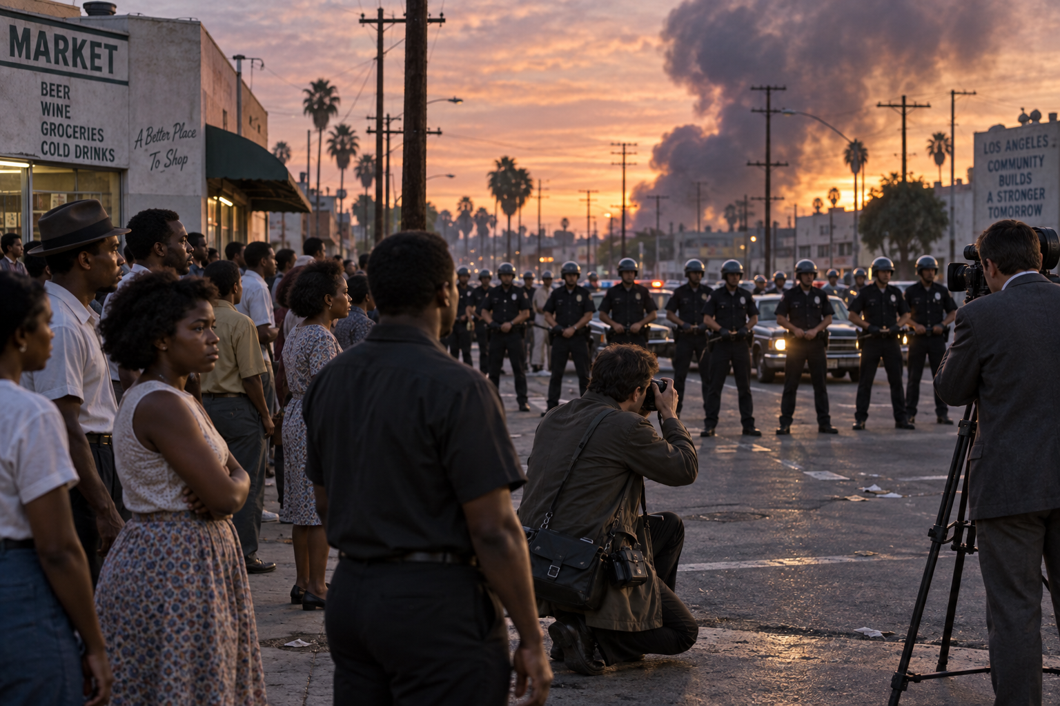 Editorial historical illustration of the beginning of the Watts uprising on August 11, 1965