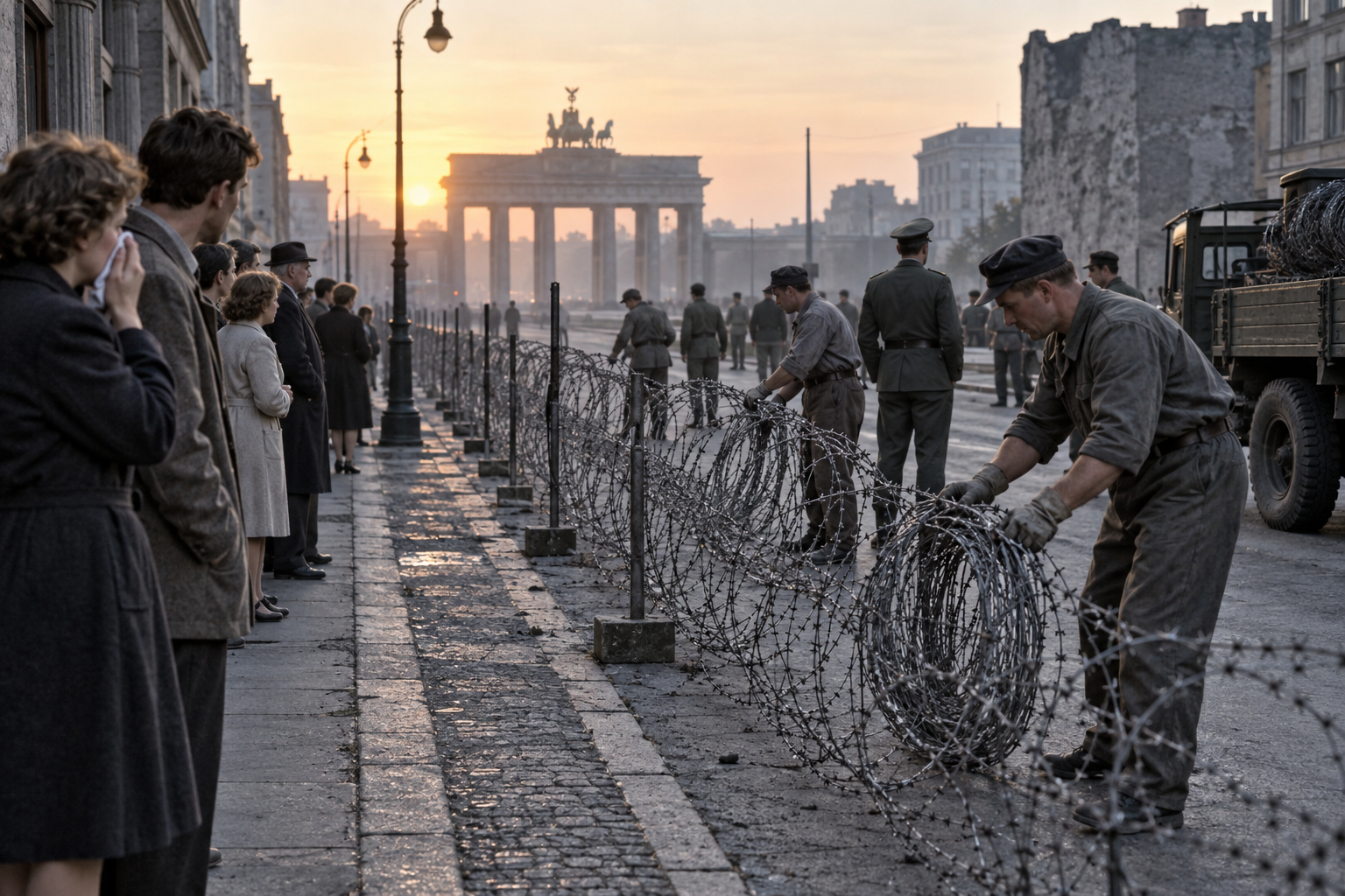 Editorial historical illustration of the beginning of Berlin Wall construction on August 13, 1961