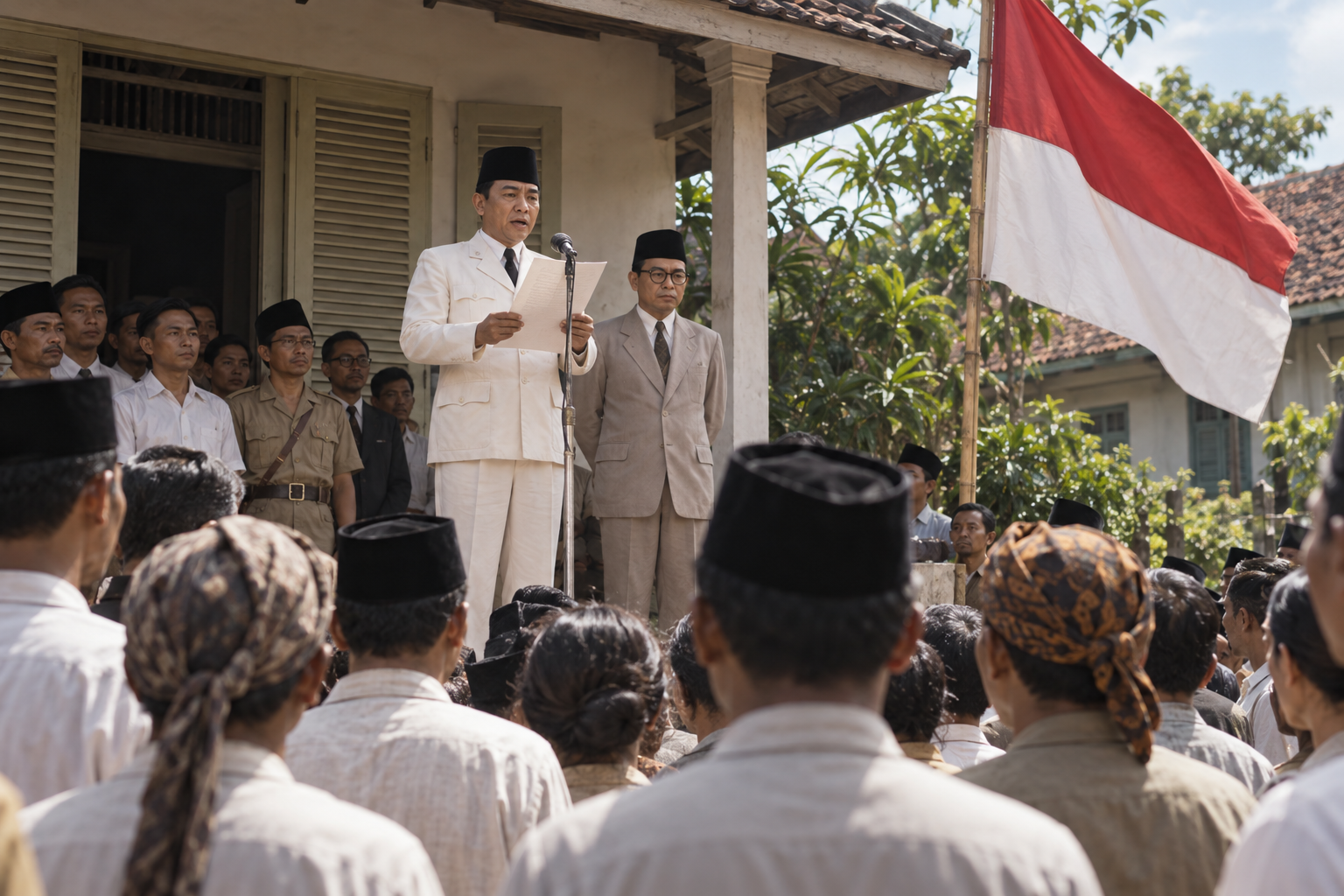 Editorial historical illustration of Indonesia's declaration of independence on August 17, 1945
