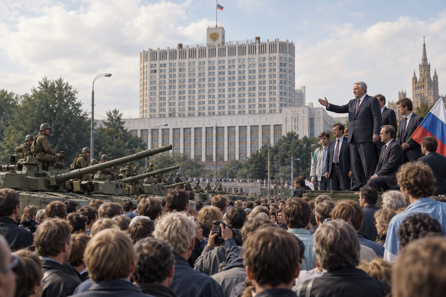 Editorial historical illustration of the August 1991 Soviet coup attempt on August 19, 1991