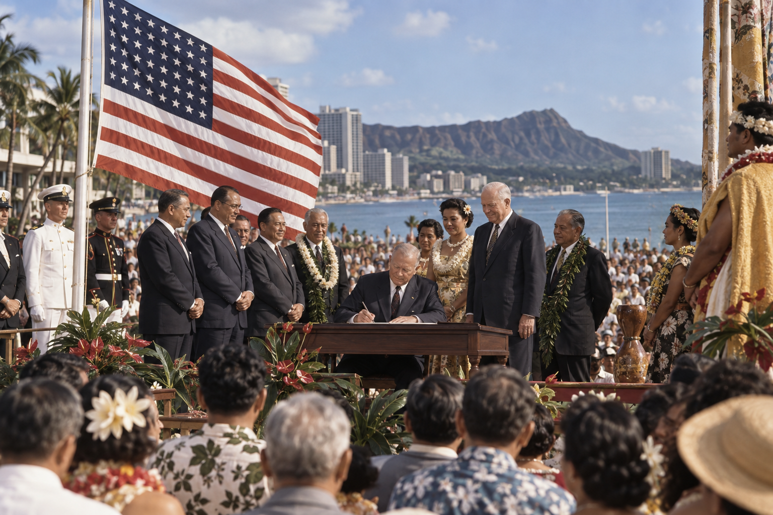 Editorial historical illustration of Hawaii's admission as the fiftieth United States state on August 21, 1959