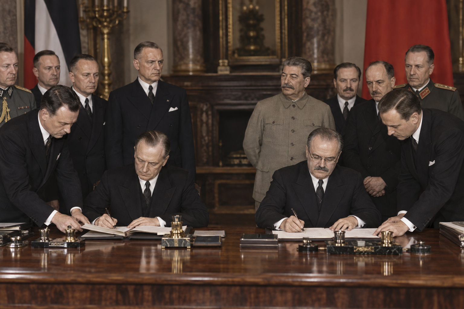 Editorial historical illustration of the signing of the Molotov-Ribbentrop Pact on August 23, 1939