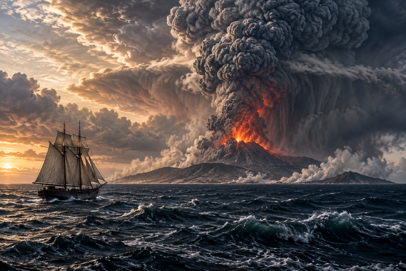 Editorial historical illustration of the catastrophic eruption of Krakatoa on August 27, 1883