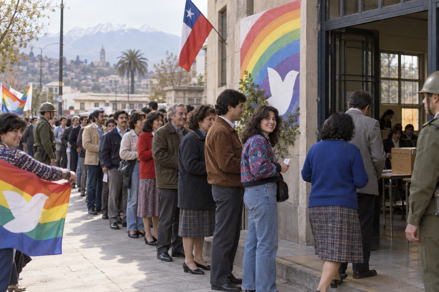 Editorial historical illustration of Chile's 1988 national plebiscite on October 5, 1988