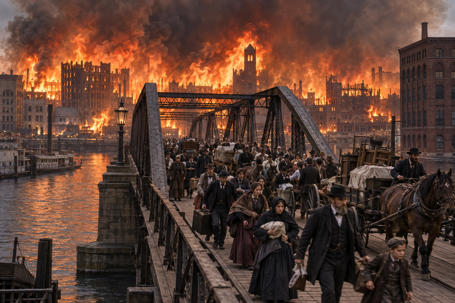 Editorial historical illustration of the beginning of the Great Chicago Fire on October 8, 1871