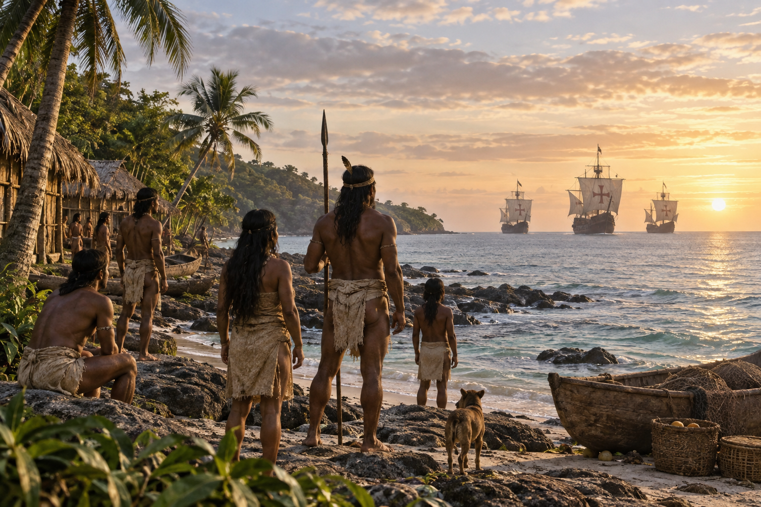 Editorial historical illustration of Christopher Columbus's first expedition reaching the Caribbean on October 12, 1492