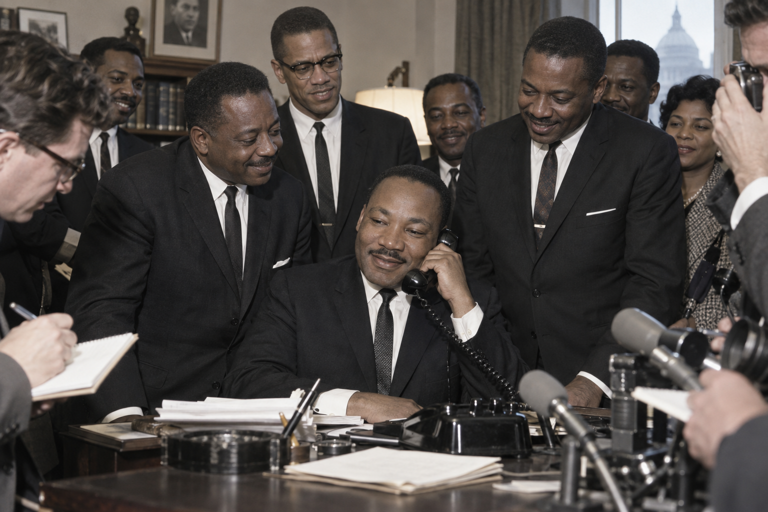 Editorial historical illustration of the announcement of Martin Luther King Jr.'s Nobel Peace Prize on October 14, 1964