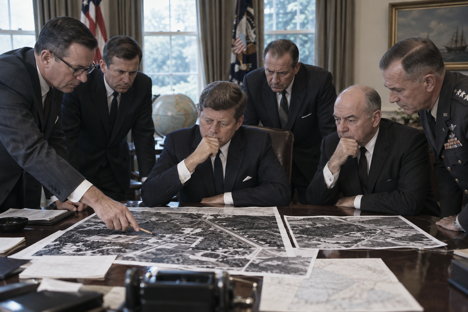 Editorial historical illustration of the opening of the Cuban Missile Crisis on October 16, 1962