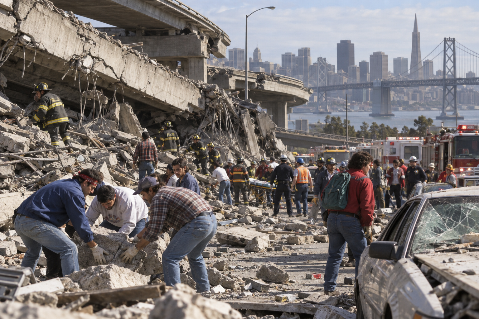 Editorial historical illustration of the Loma Prieta earthquake on October 17, 1989