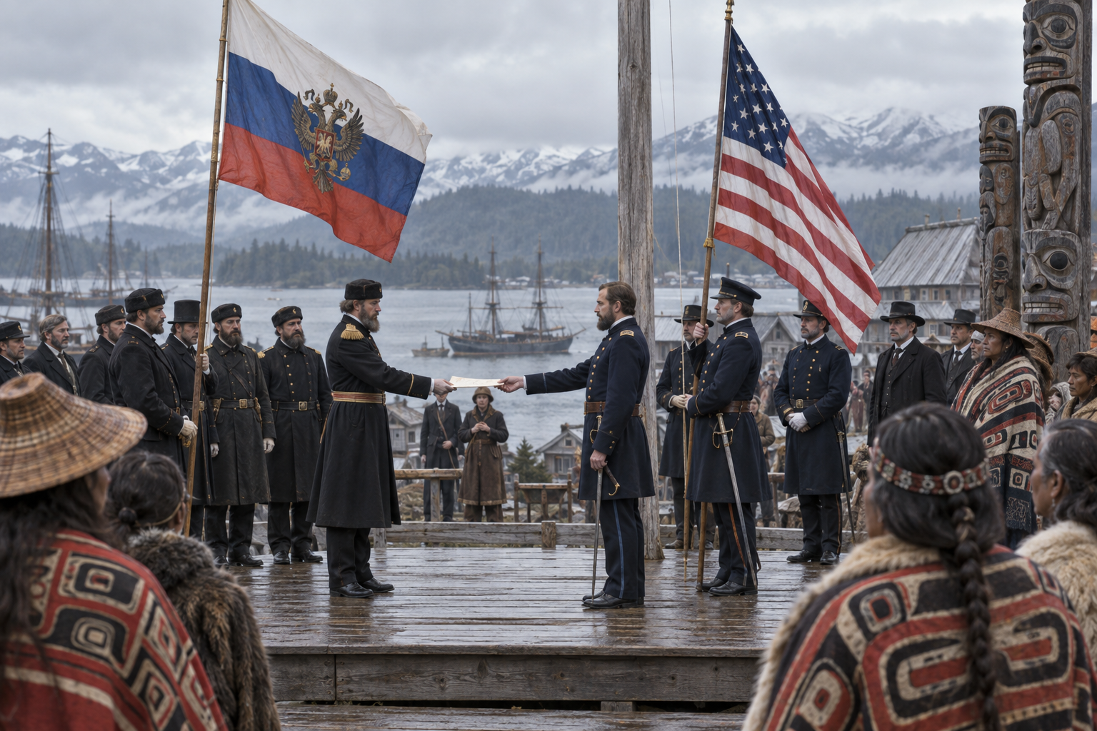 Editorial historical illustration of the formal transfer of Alaska from Russia to the United States on October 18, 1867