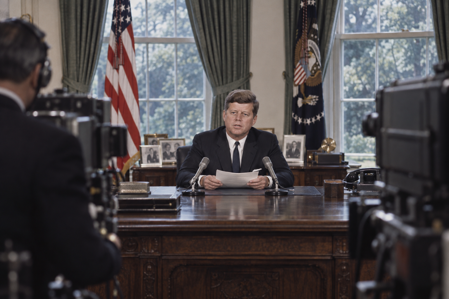 Editorial historical illustration of President Kennedy's announcement of the Cuban missile quarantine on October 22, 1962