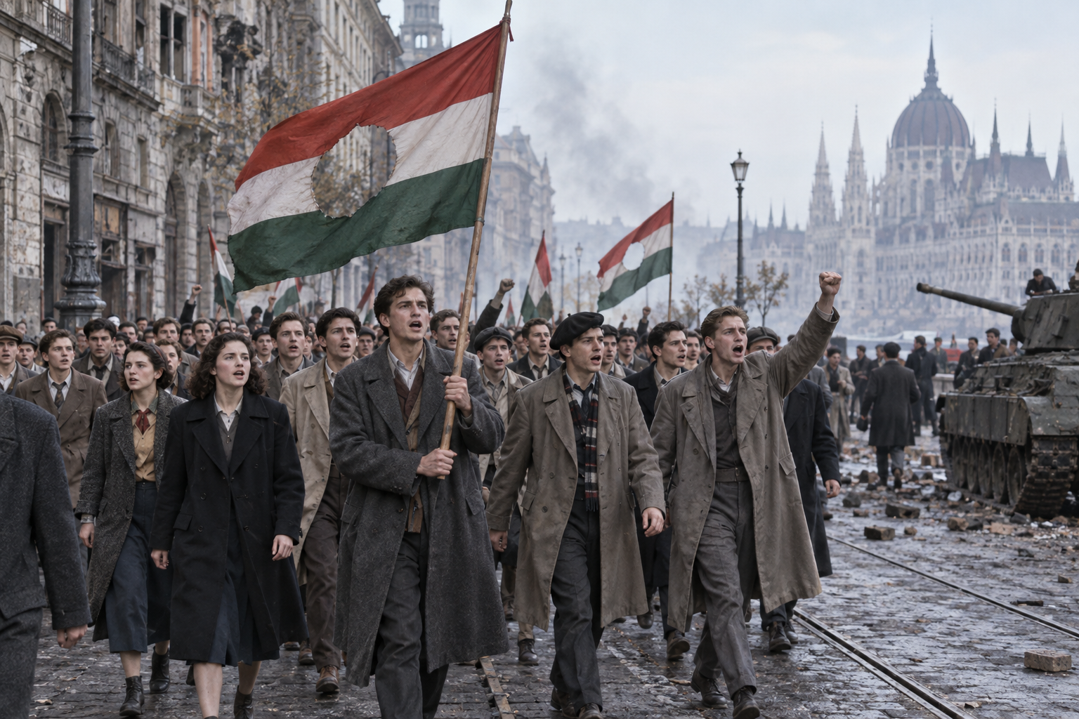 Editorial historical illustration of the beginning of the Hungarian Revolution on October 23, 1956