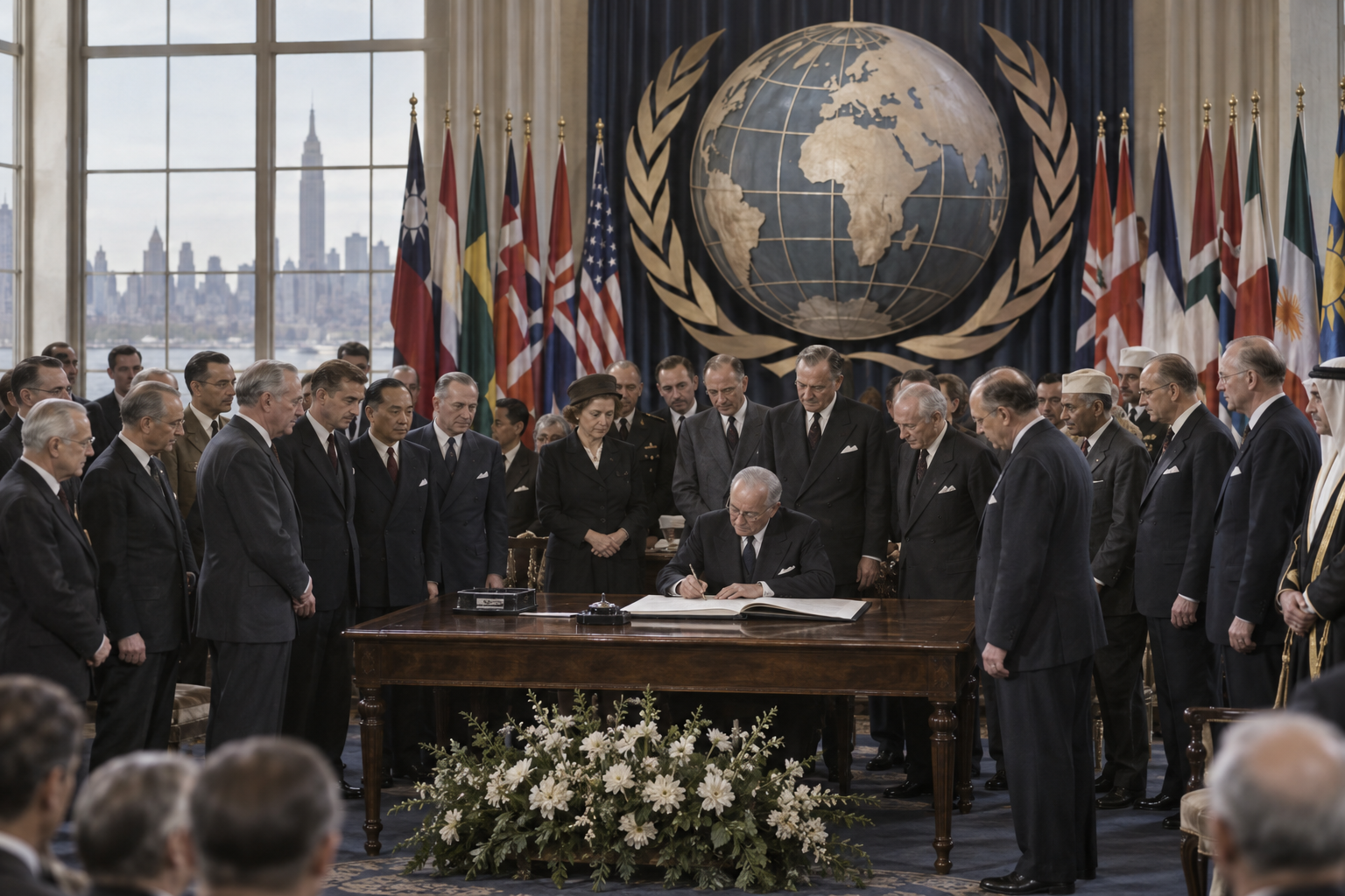 Editorial historical illustration of the United Nations Charter entering into force on October 24, 1945