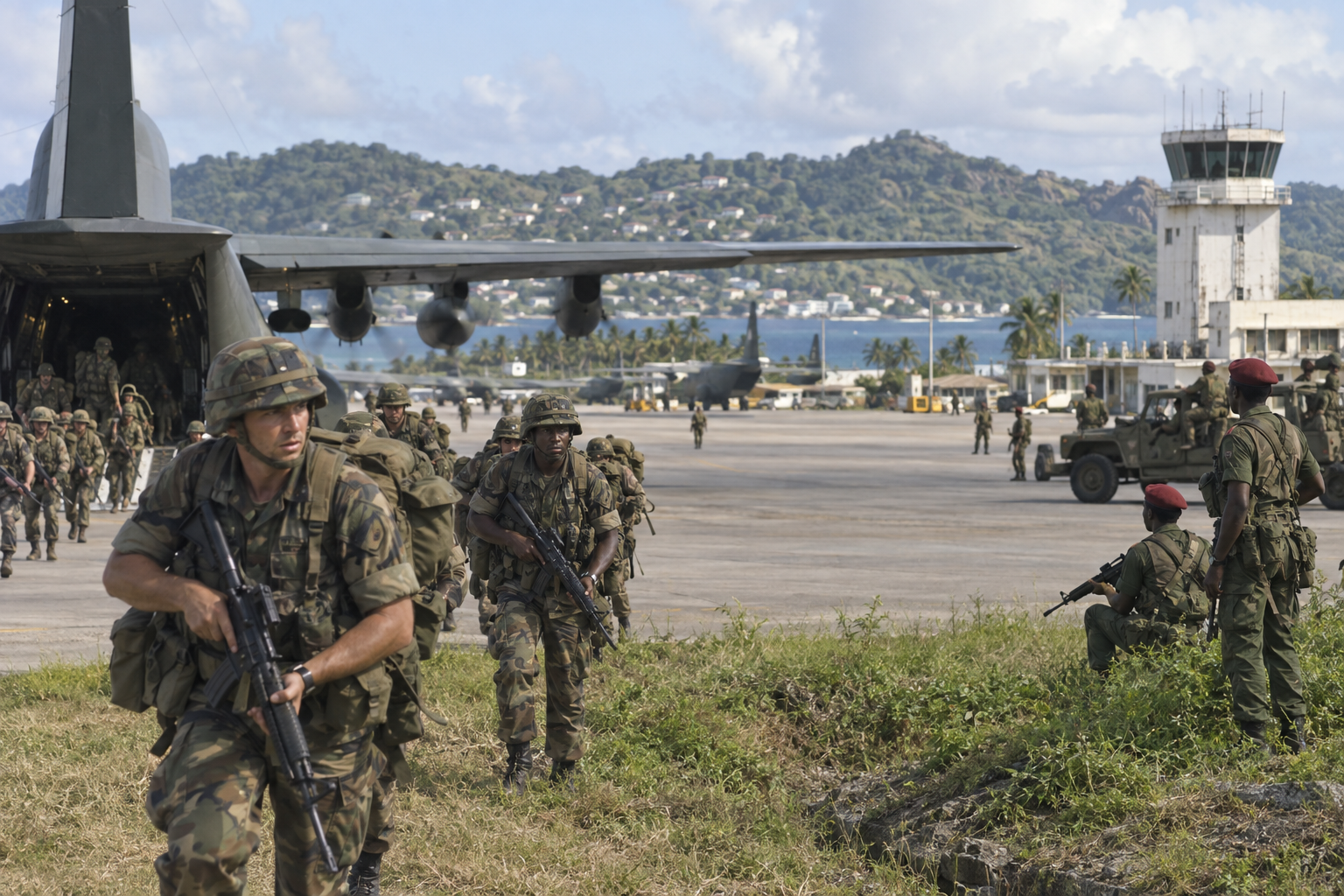 Editorial historical illustration of the United States-led invasion of Grenada on October 25, 1983