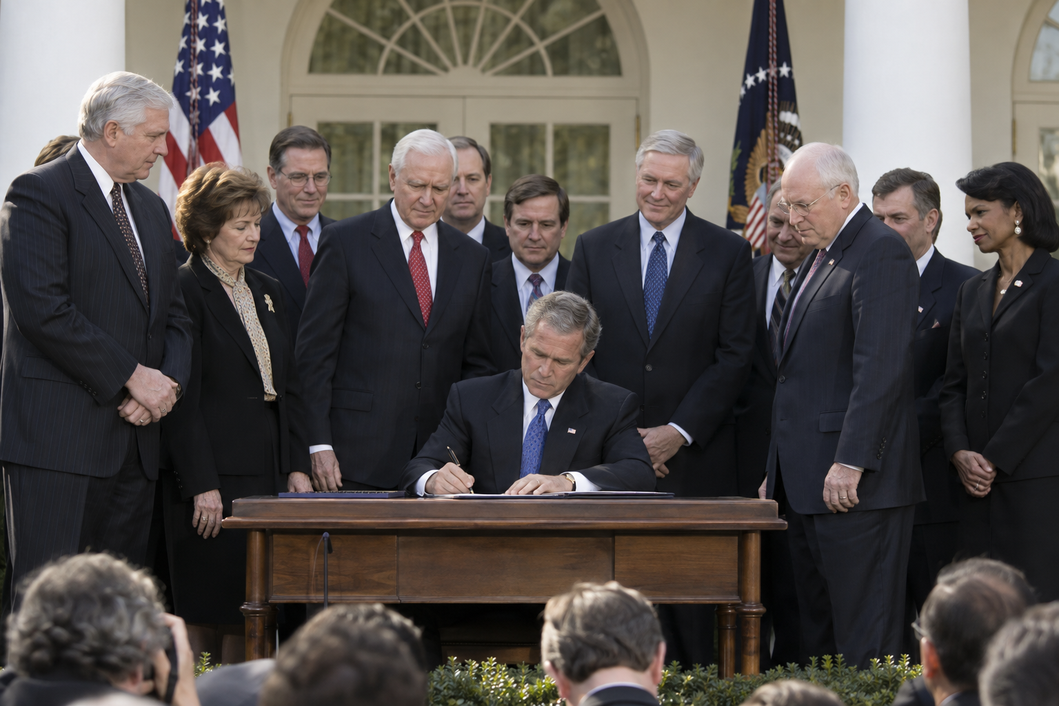 Editorial historical illustration of the signing of the USA PATRIOT Act on October 26, 2001