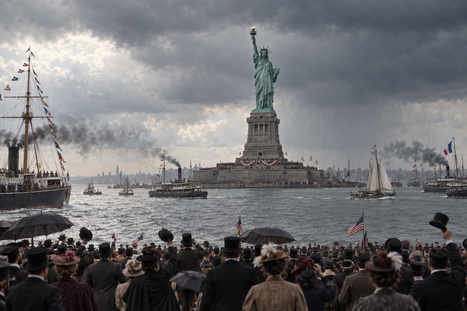 Editorial historical illustration of the dedication of the Statue of Liberty on October 28, 1886