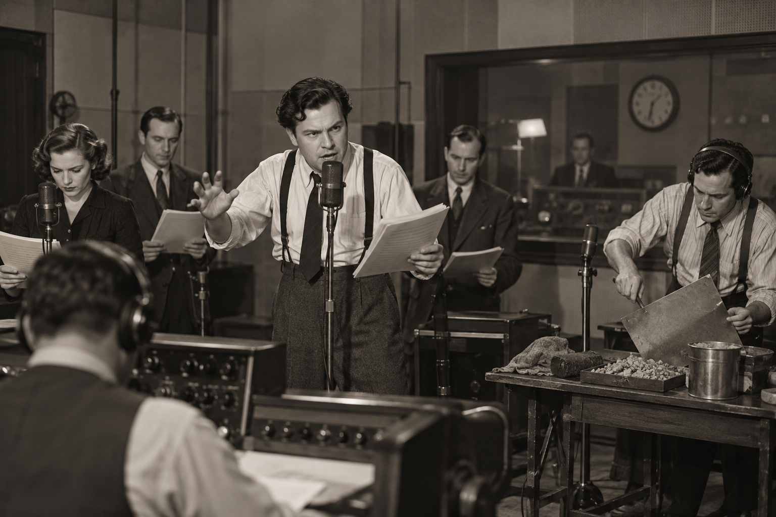 Editorial historical illustration of the broadcast of Orson Welles's War of the Worlds radio drama on October 30, 1938
