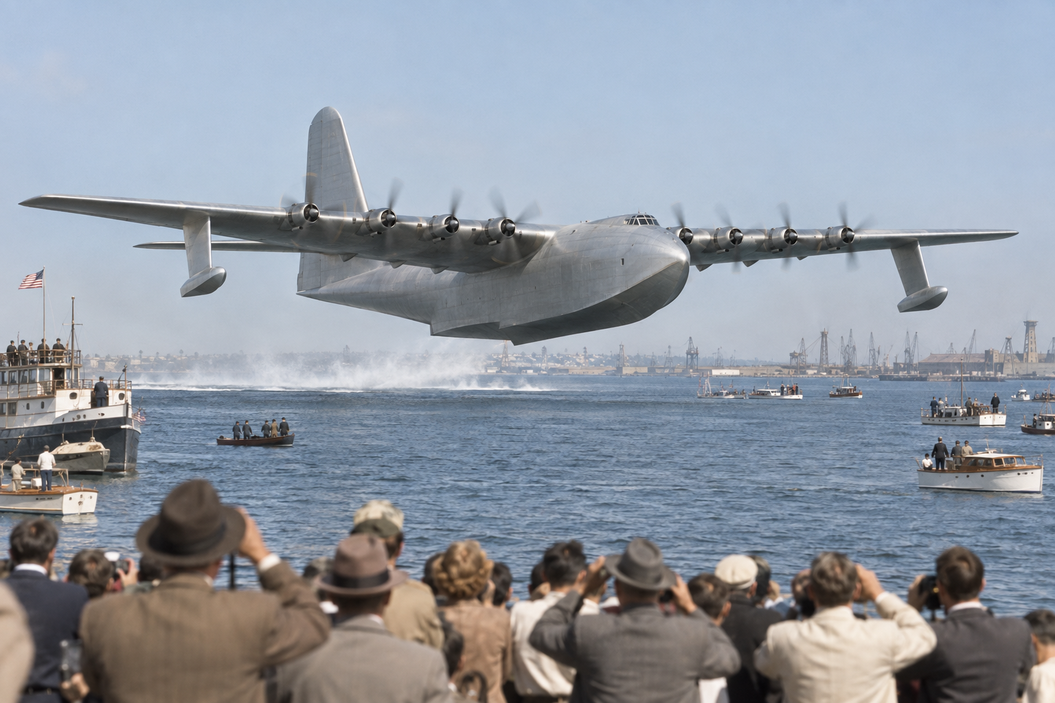 Editorial historical illustration of the first and only flight of the Hughes H-4 Hercules on November 2, 1947