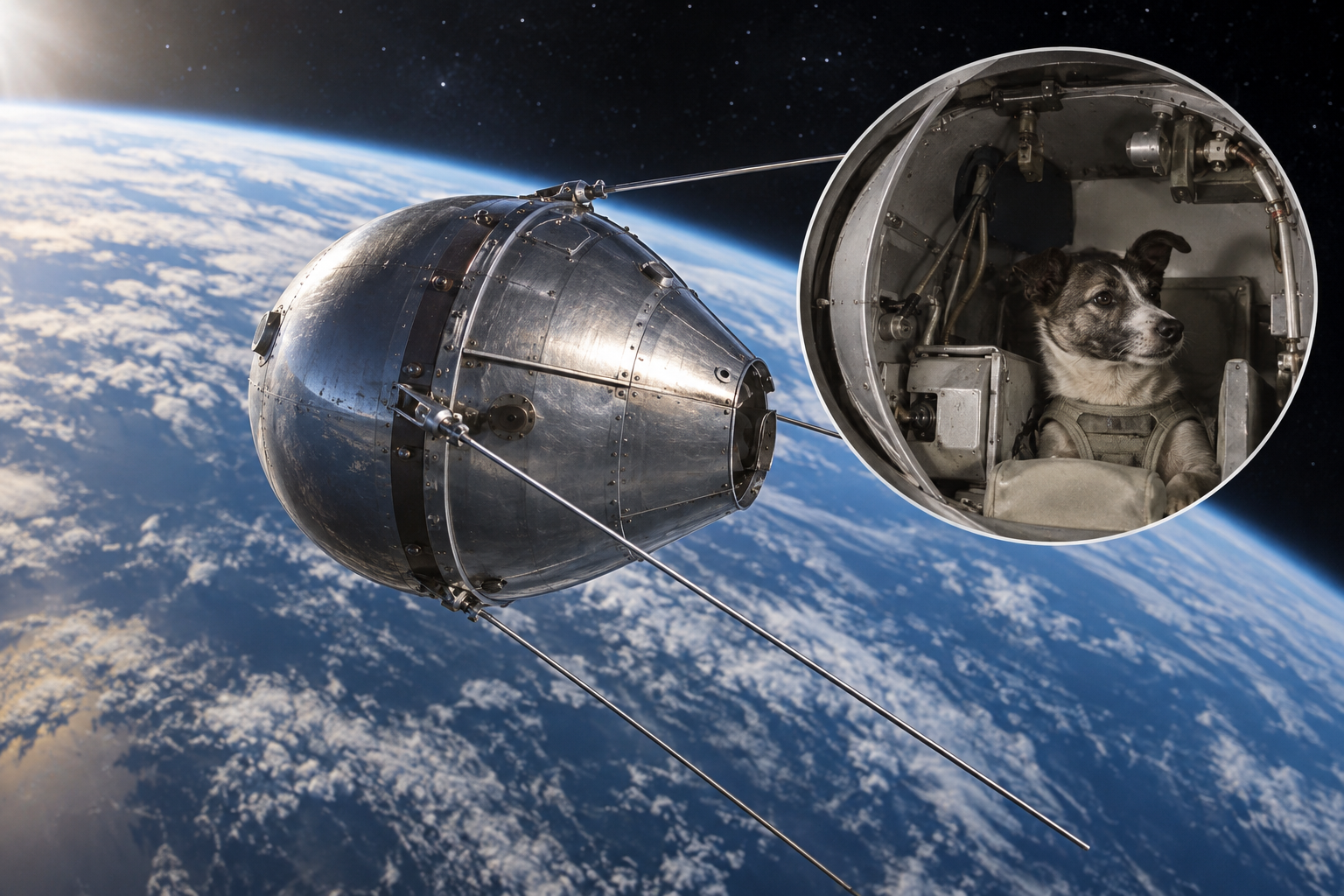 Editorial historical illustration of the launch of Sputnik 2 with Laika on November 3, 1957