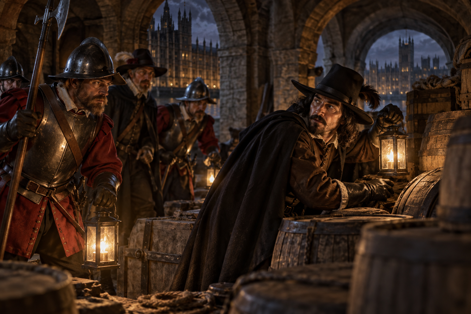Editorial historical illustration of the discovery of the Gunpowder Plot on November 5, 1605