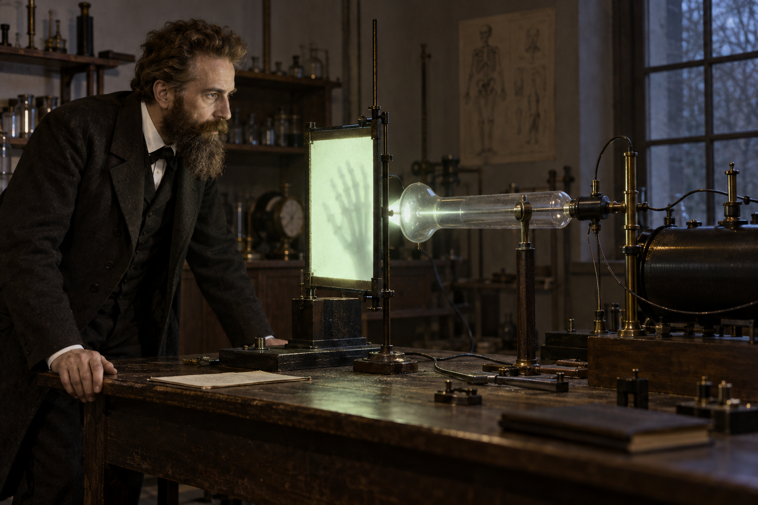 Editorial historical illustration of Wilhelm Röntgen's discovery of X-rays on November 8, 1895