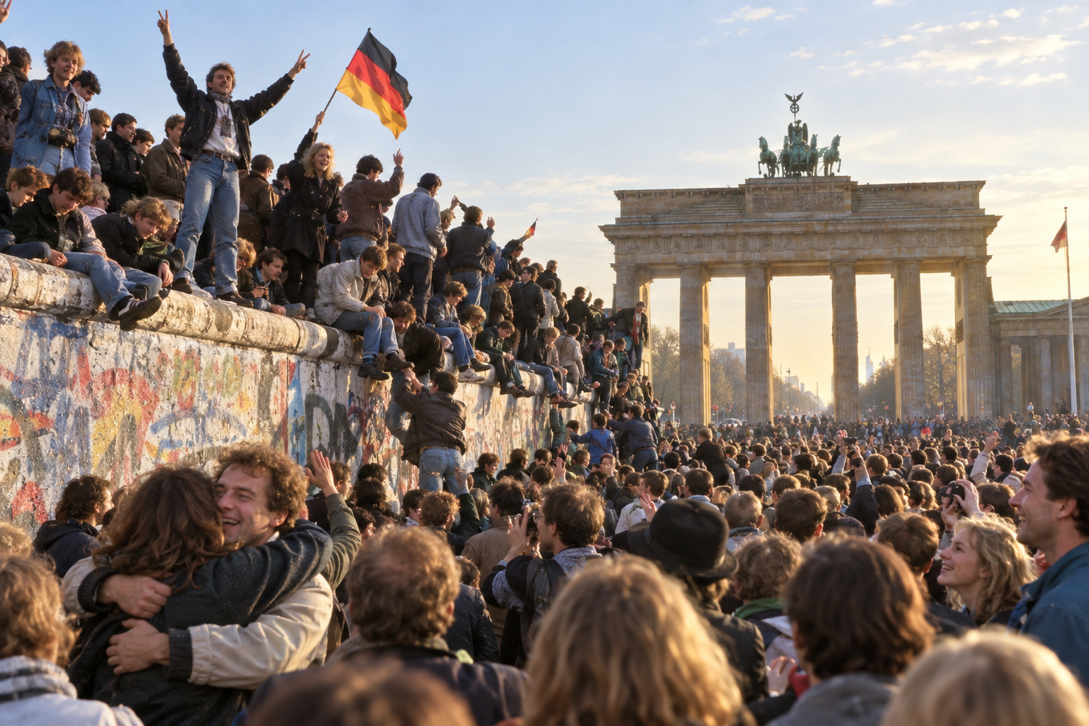 Editorial historical illustration of the opening of the Berlin Wall on November 9, 1989