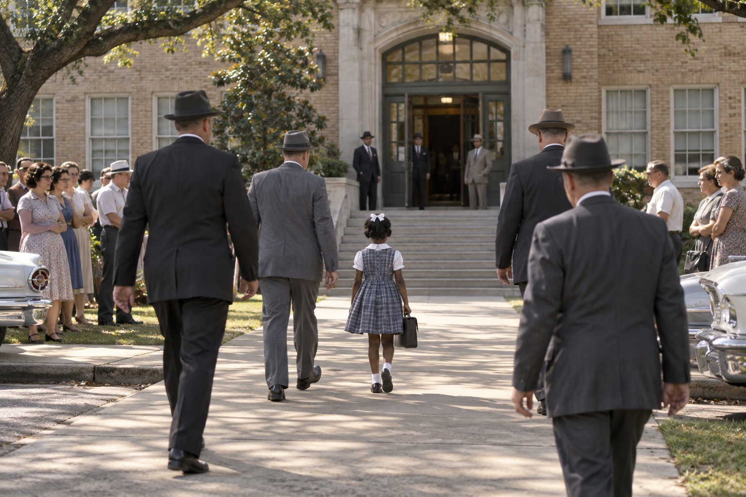 Editorial historical illustration of Ruby Bridges integrating William Frantz Elementary School on November 14, 1960