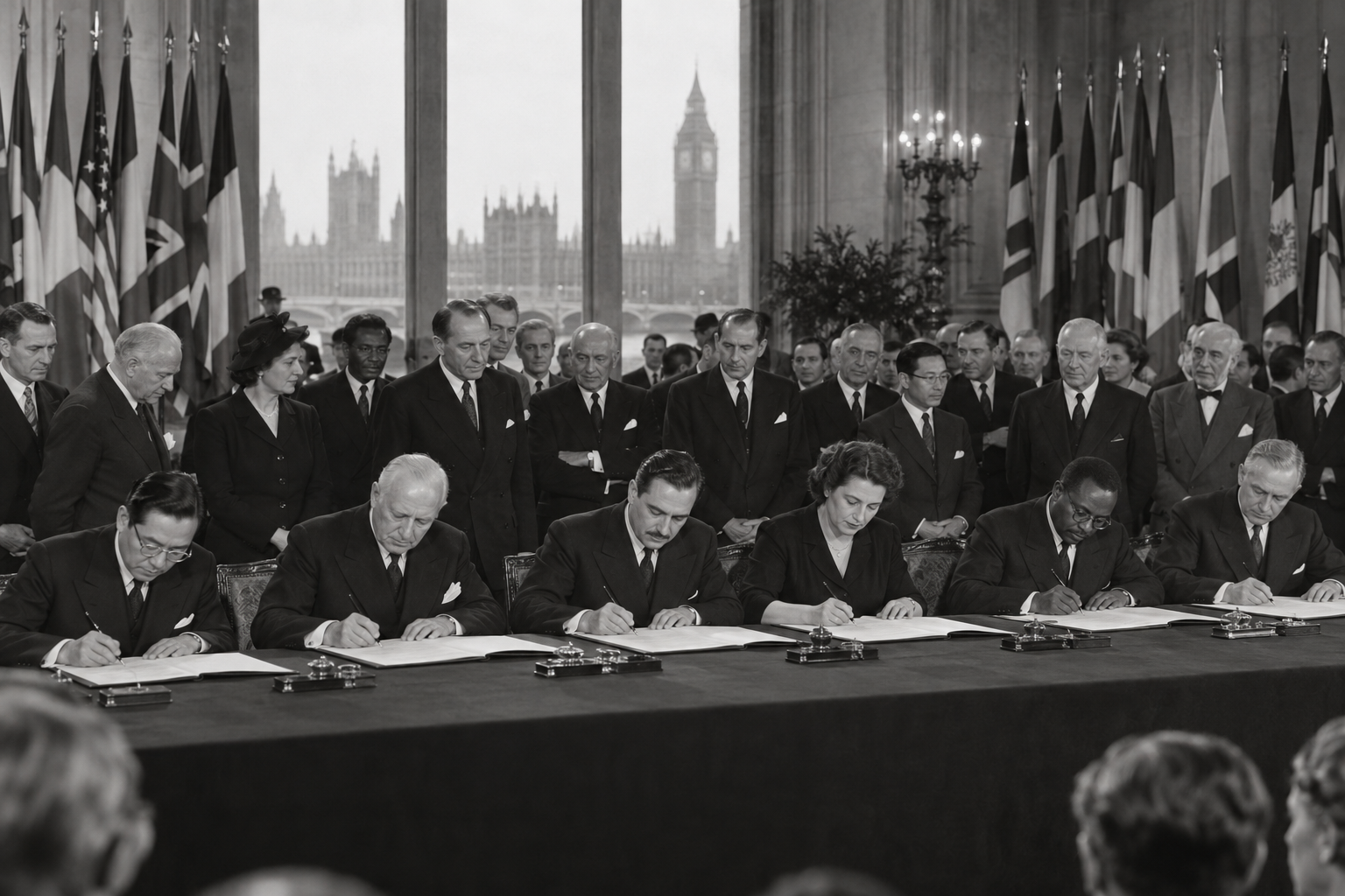 Editorial historical illustration of the adoption of UNESCO's constitution on November 16, 1945