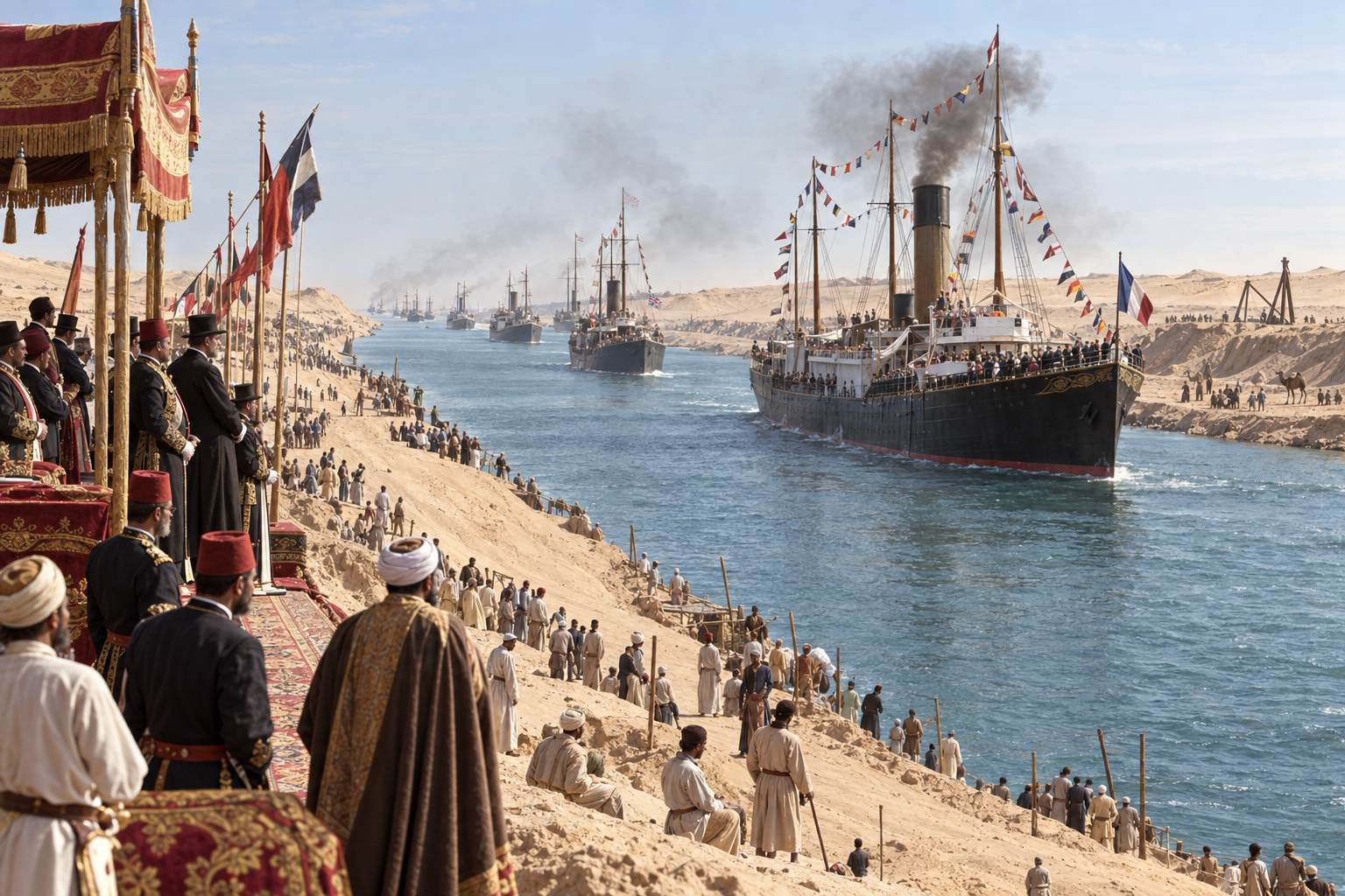 Editorial historical illustration of the opening of the Suez Canal on November 17, 1869