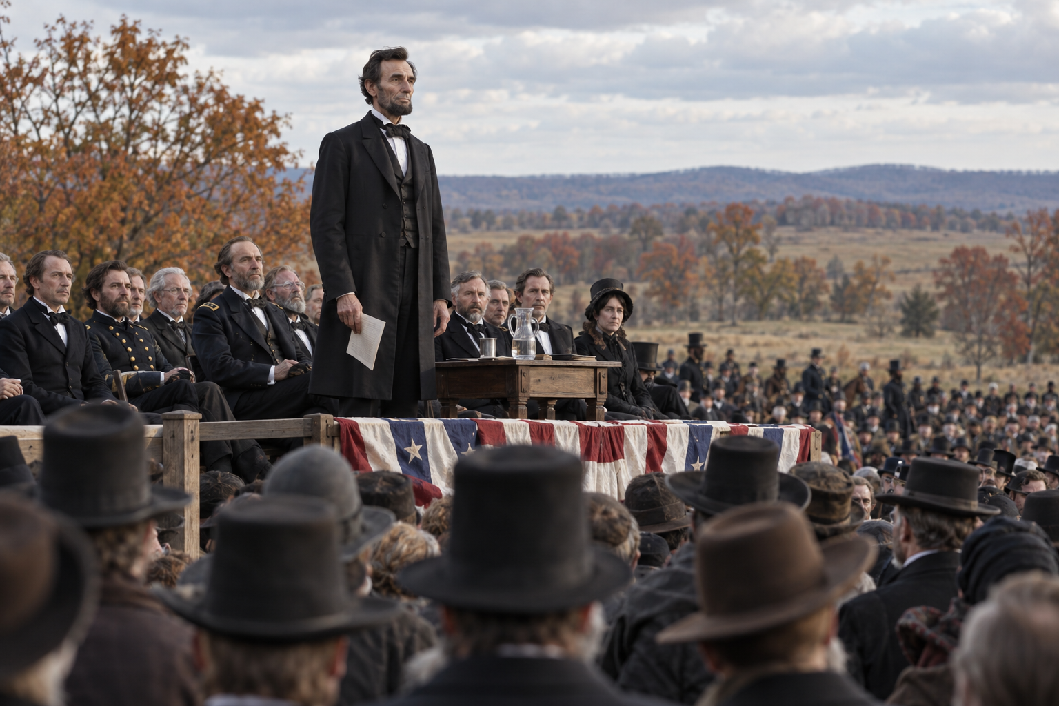 Editorial historical illustration of Abraham Lincoln's Gettysburg Address on November 19, 1863