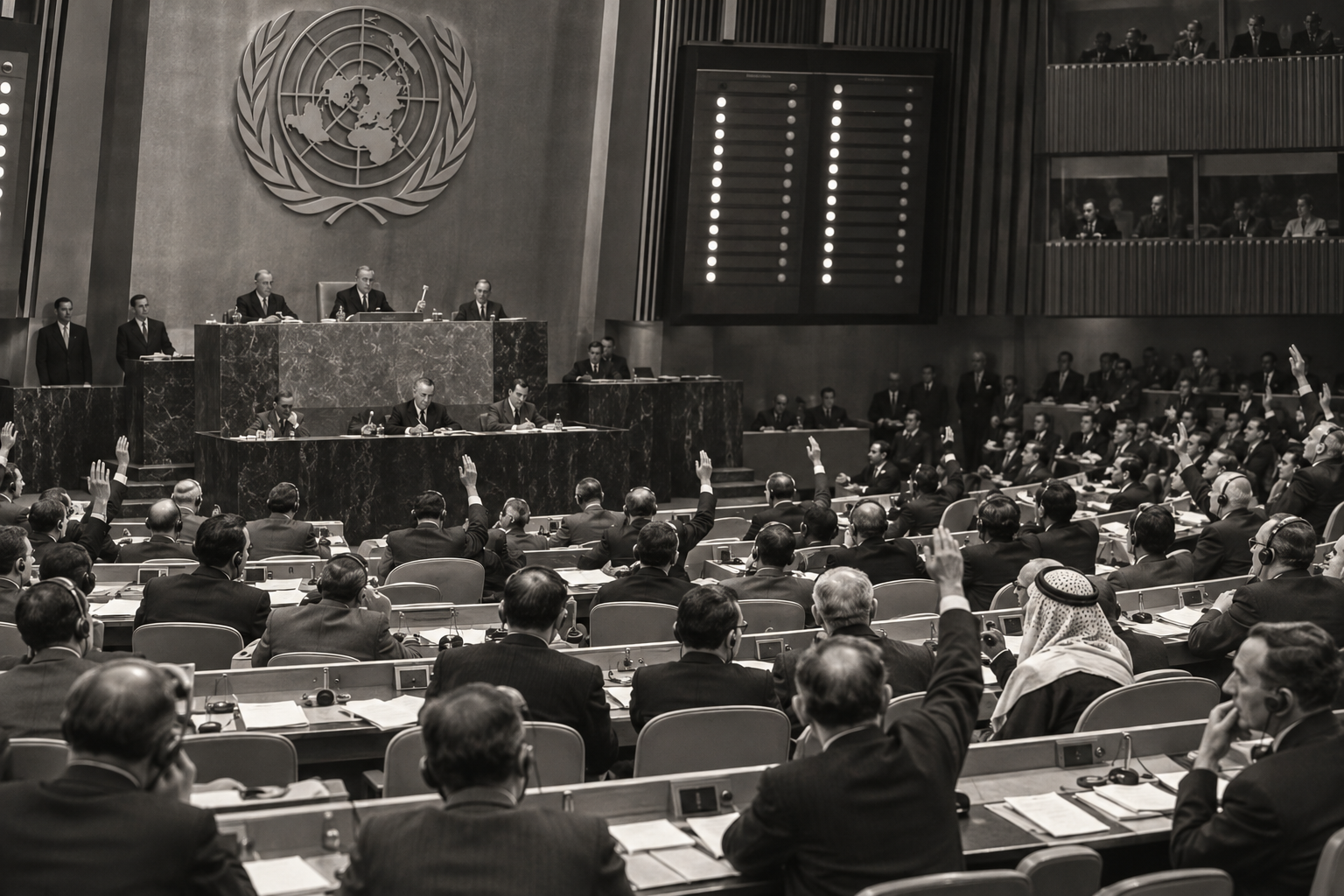 Editorial historical illustration of the United Nations vote on Resolution 181 on November 29, 1947