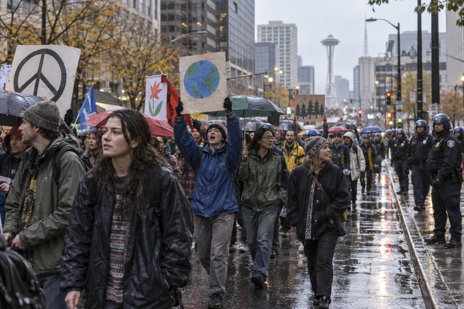 Editorial historical illustration of the opening of the Seattle World Trade Organization protests on November 30, 1999