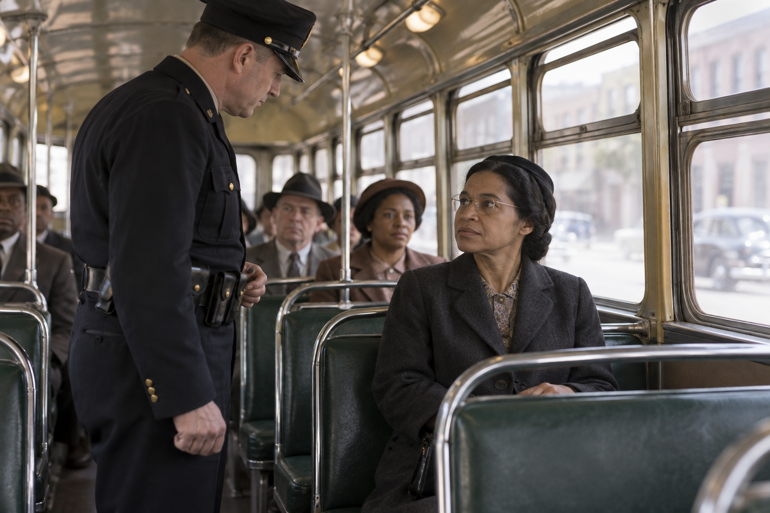 Editorial historical illustration of Rosa Parks's arrest for refusing to surrender her bus seat on December 1, 1955