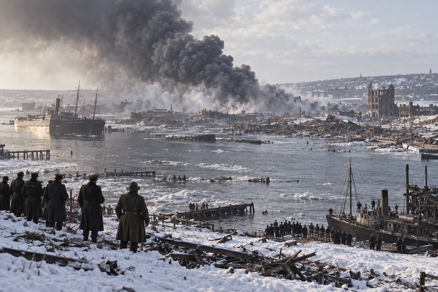 Editorial historical illustration of the Halifax Explosion on December 6, 1917