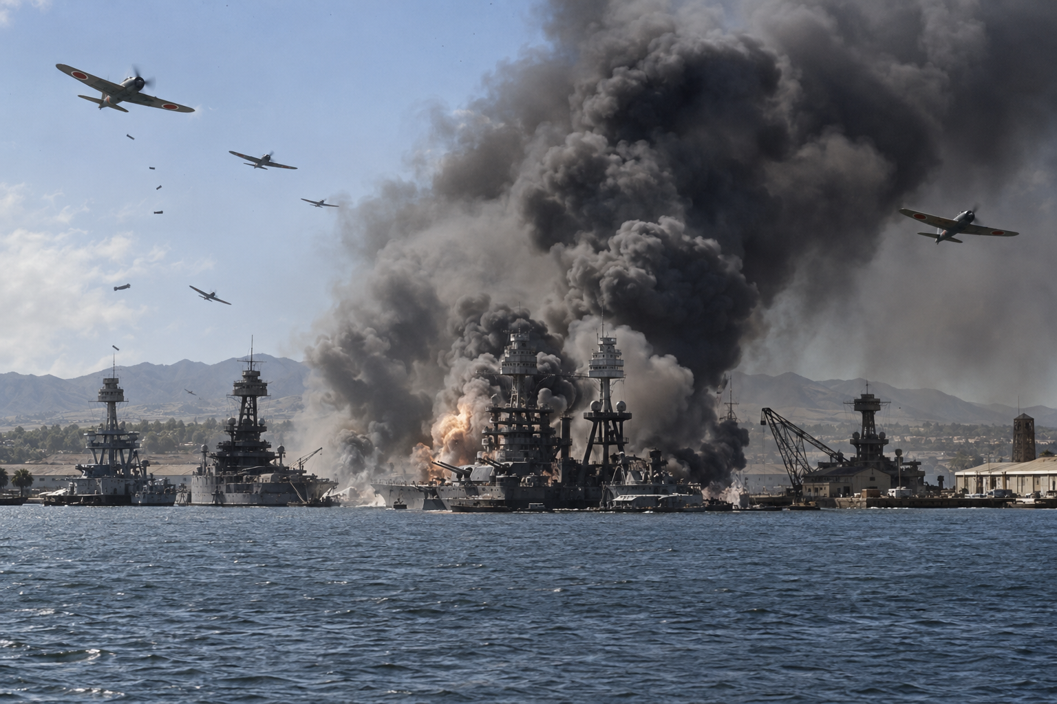 Editorial historical illustration of the Japanese attack on Pearl Harbor on December 7, 1941