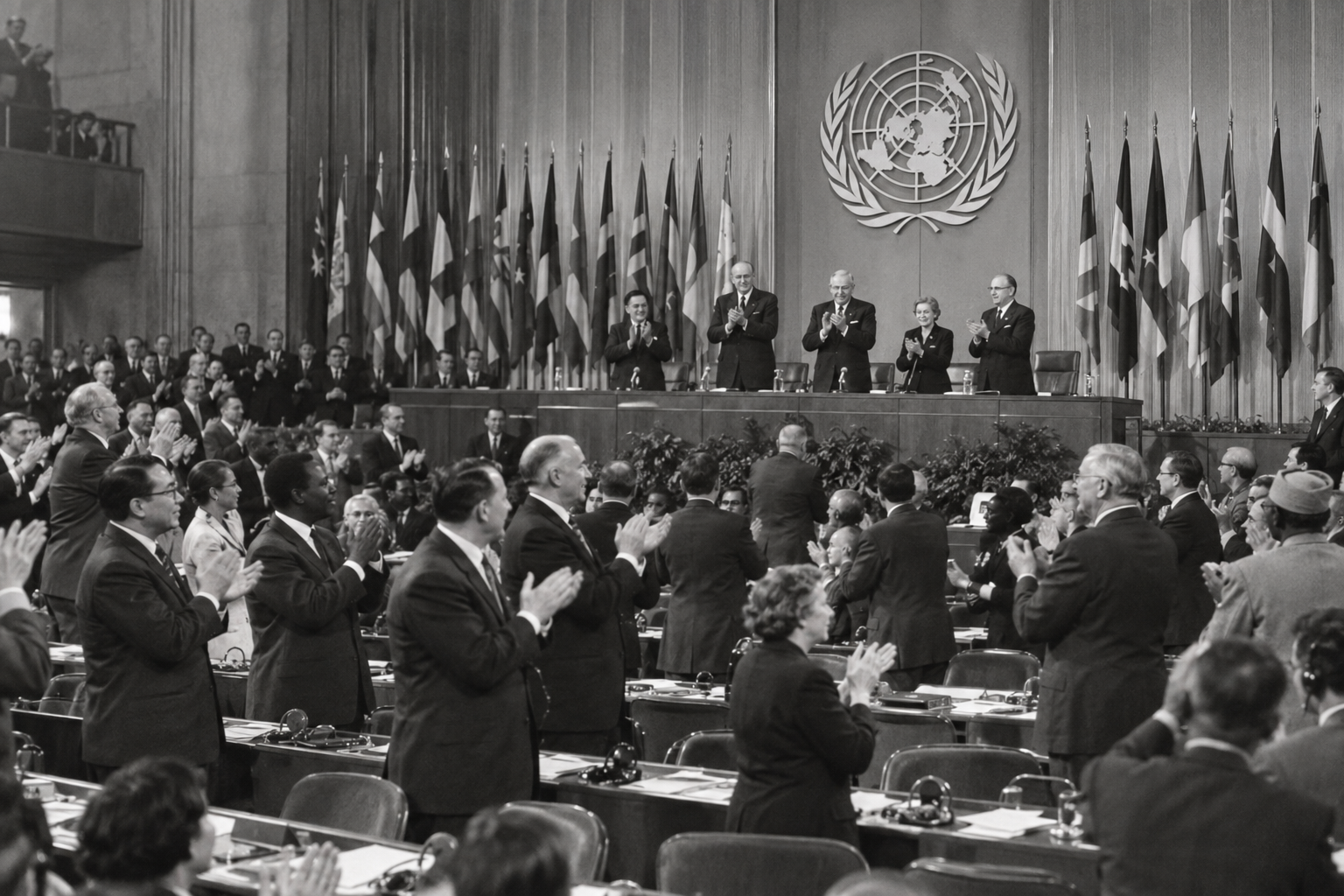 Editorial historical illustration of the adoption of the Universal Declaration of Human Rights on December 10, 1948