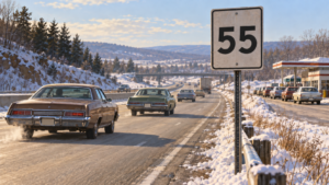 Editorial illustration of American highway traffic and 55 mph speed-limit signs during the 1974 energy crisis