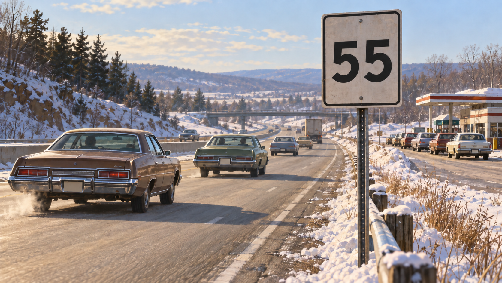 Editorial illustration of American highway traffic and 55 mph speed-limit signs during the 1974 energy crisis
