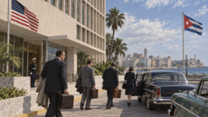 Editorial illustration of the U.S. Embassy in Havana as diplomatic staff depart in January 1961