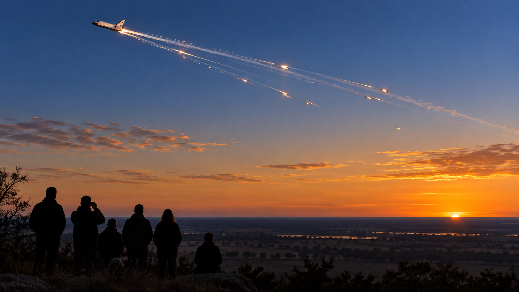 A respectful illustration of Space Shuttle Columbia breaking apart during reentry
