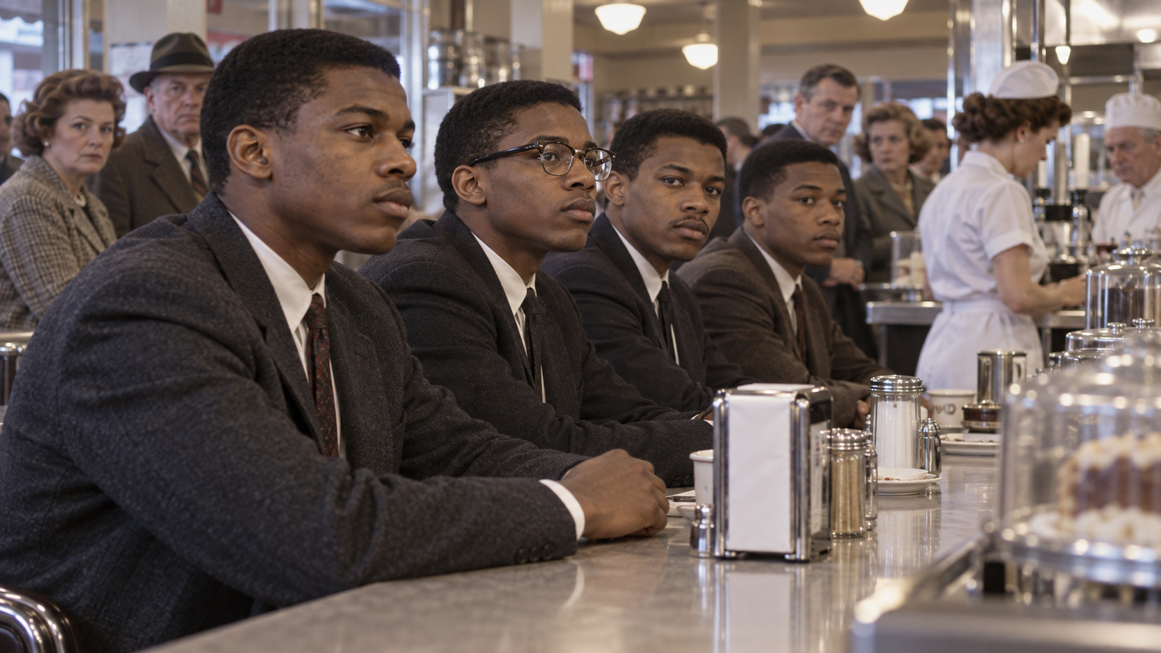 Four Black college students sit at a segregated Greensboro lunch counter in 1960