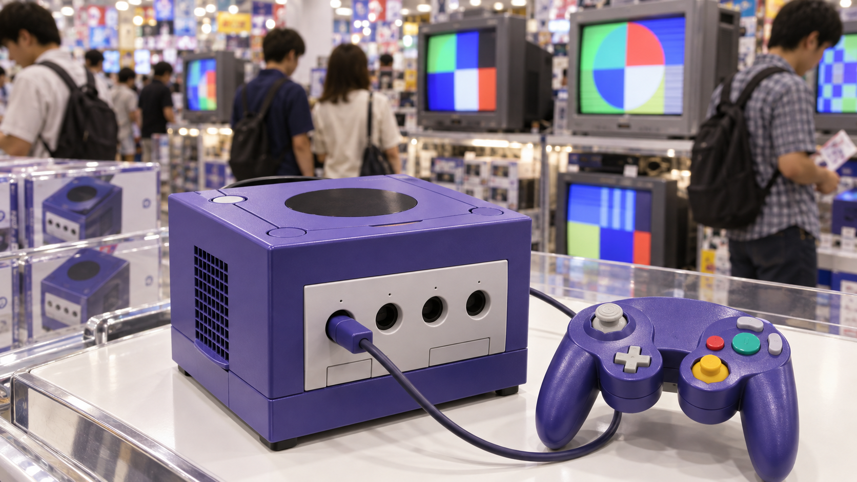 Generic purple cube-shaped game console and wired controller in an early-2000s Japanese electronics store