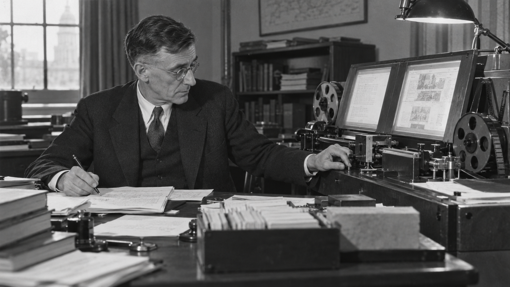 AI-generated photorealistic editorial reconstruction of Vannevar Bush working beside a 1940s memex concept
