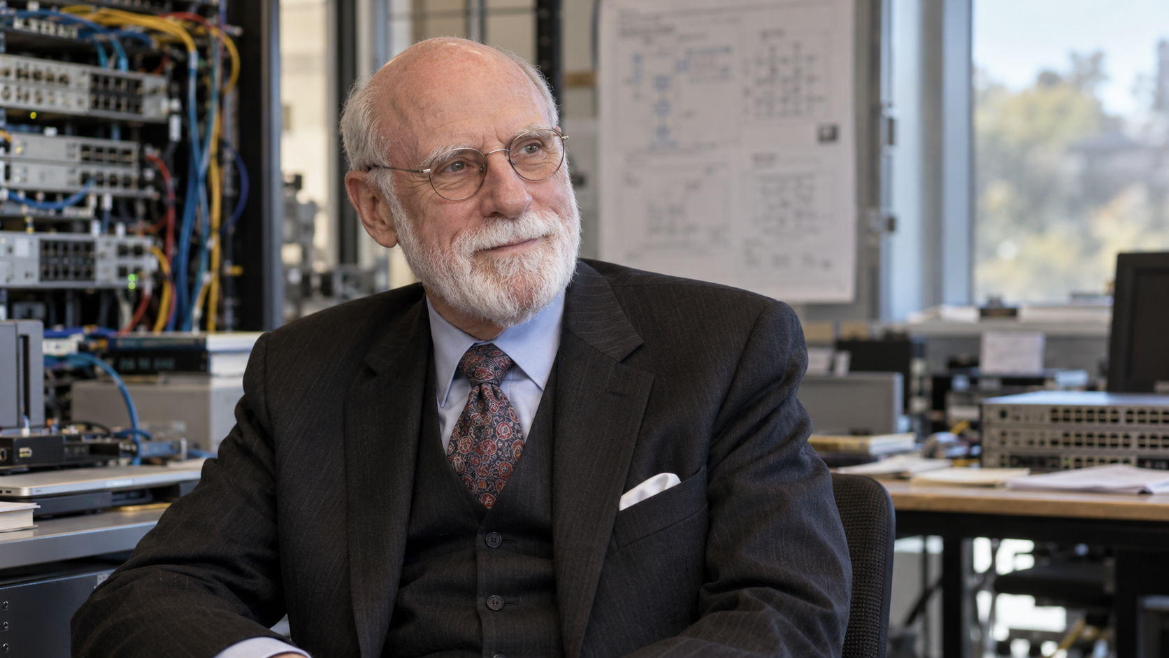 AI-generated photorealistic editorial portrait of Vint Cerf in a network engineering laboratory