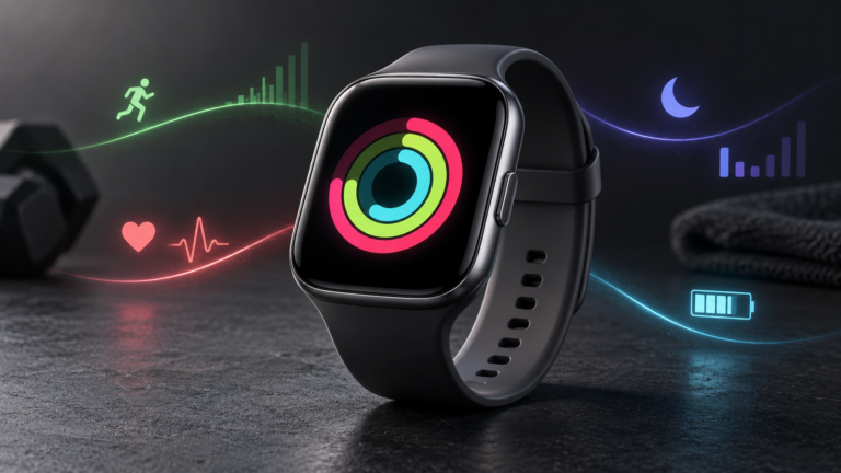 Editorial illustration of a generic smartwatch with health, workout, sleep and battery symbols