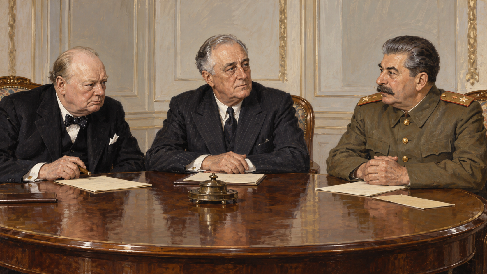 Editorial illustration of Churchill, Roosevelt, and Stalin seated at a conference table at Yalta